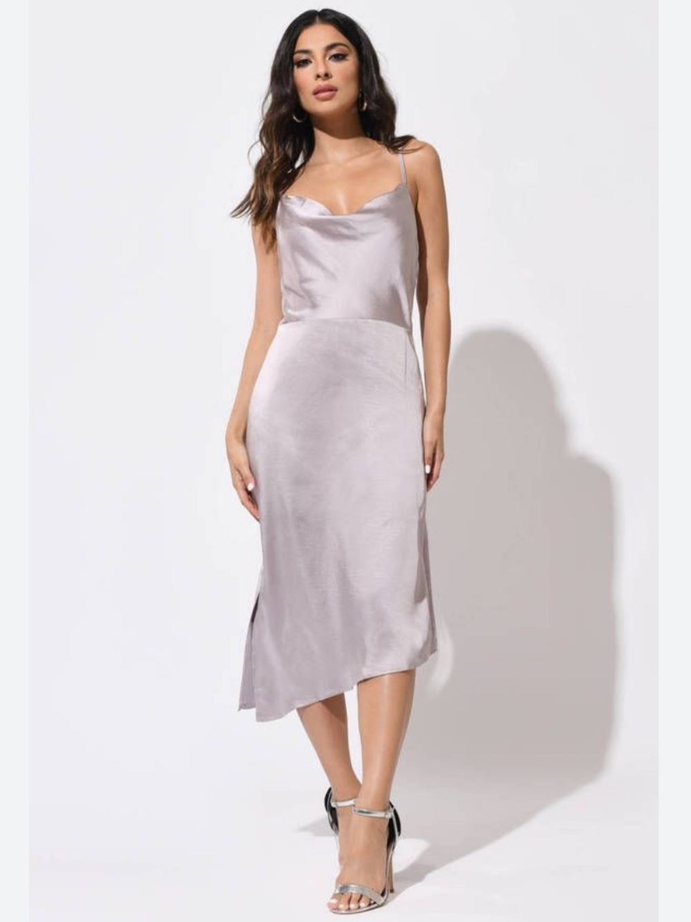 Wild Honey Satin Cowl Neck Midi Dress – Silver/Lilac – Size M